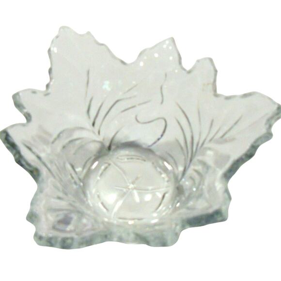 Glass Autumn Leaf Candy Dish Serving Bowl 8" Nut Holiday Decor Canadian Maple - Picture 1 of 6